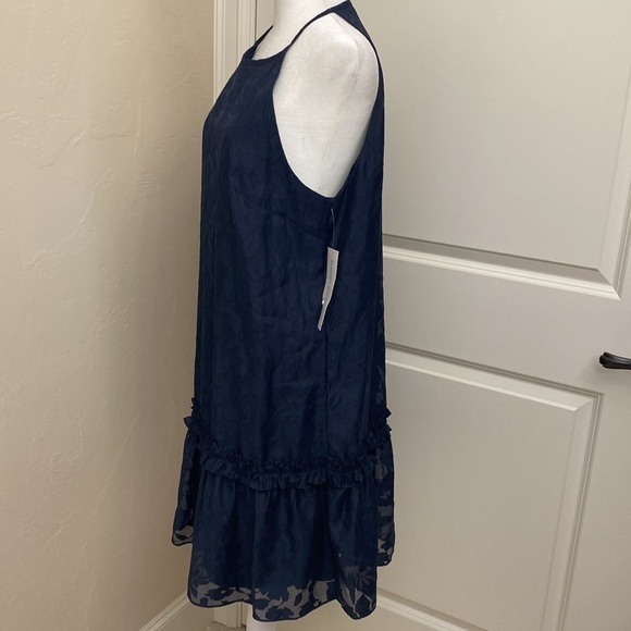 NWT Maggy London Mini Halter dress Women’s 12 Navy ruffles Ballet Core Sheer - Picture 3 of 10